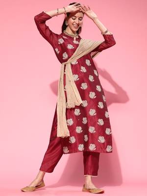 Indo Era Wine Printed Straight Kurta Trouser With Dupatta Set 1