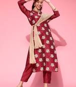 Indo Era Wine Printed Straight Kurta Trouser With Dupatta Set