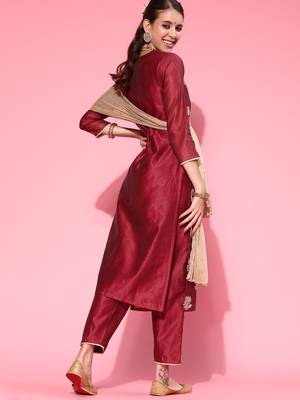 Indo Era Wine Printed Straight Kurta Trouser With Dupatta Set 2