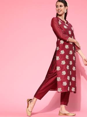 Indo Era Wine Printed Straight Kurta Trouser With Dupatta Set 3