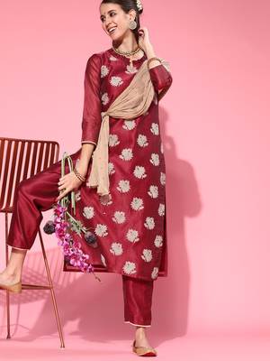 Indo Era Wine Printed Straight Kurta Trouser With Dupatta Set 4