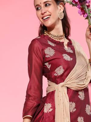 Indo Era Wine Printed Straight Kurta Trouser With Dupatta Set 5