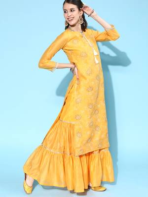 Indo Era Yellow Printed Straight Kurta Sharara With Dupatta Set 3