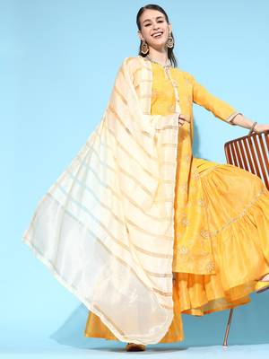 Indo Era Yellow Printed Straight Kurta Sharara With Dupatta Set 4