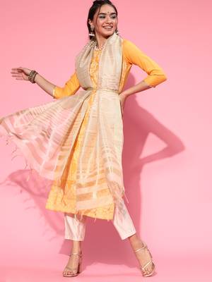 Indo Era Orange Embroidered Straight Kurta Trouser With Dupatta Set 1