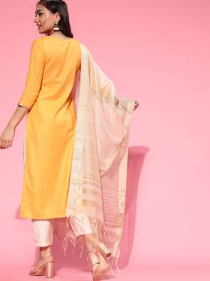 Indo Era Orange Embroidered Straight Kurta Trouser With Dupatta Set 2