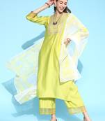 Indo Era Yellow Embroidered Straight Kurta Palazzo With Dupatta Set