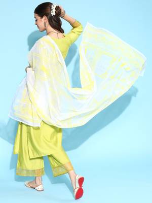 Indo Era Yellow Embroidered Straight Kurta Palazzo With Dupatta Set 2