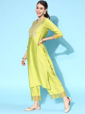 Indo Era Yellow Embroidered Straight Kurta Palazzo With Dupatta Set 3
