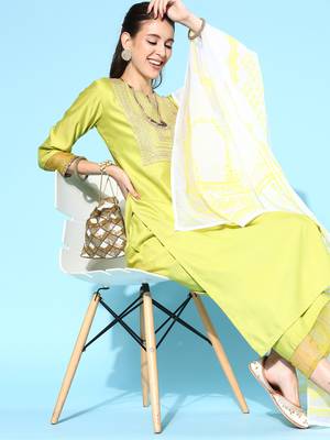 Indo Era Yellow Embroidered Straight Kurta Palazzo With Dupatta Set 4