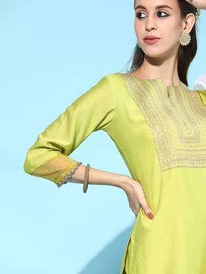 Indo Era Yellow Embroidered Straight Kurta Palazzo With Dupatta Set 5