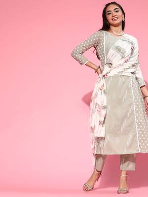 Indo Era Grey Printed A-line Kurta Trouser With Dupatta Set 1