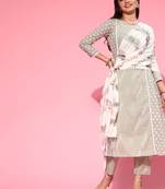 Indo Era Grey Printed A-line Kurta Trouser With Dupatta Set