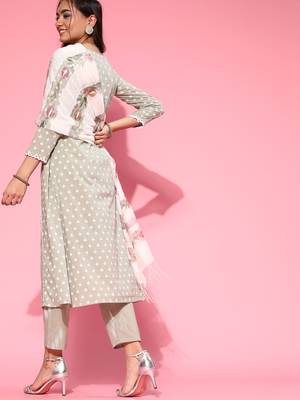 Indo Era Grey Printed A-line Kurta Trouser With Dupatta Set 2