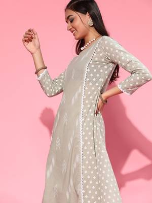 Indo Era Grey Printed A-line Kurta Trouser With Dupatta Set 3
