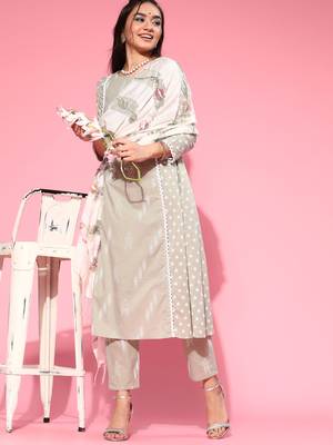Indo Era Grey Printed A-line Kurta Trouser With Dupatta Set 4