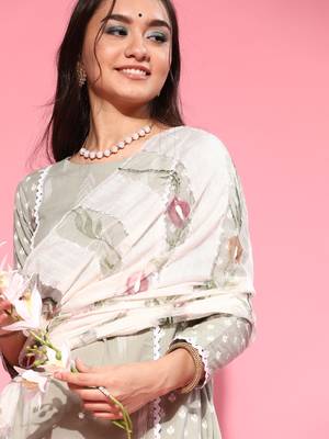 Indo Era Grey Printed A-line Kurta Trouser With Dupatta Set 5