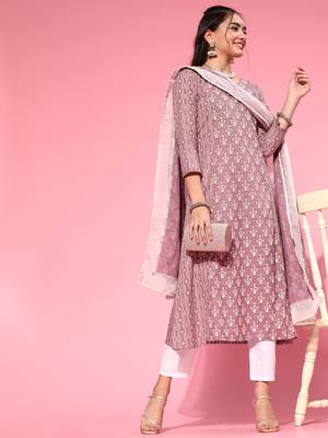 Indo Era Lavender Foil Printed A-line Kurta Trouser With Dupatta Set 1