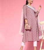 Indo Era Lavender Foil Printed A-line Kurta Trouser With Dupatta Set