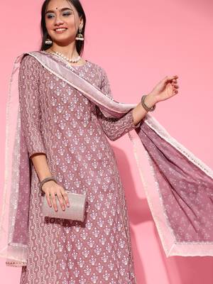 Indo Era Lavender Foil Printed A-line Kurta Trouser With Dupatta Set 4