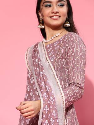 Indo Era Lavender Foil Printed A-line Kurta Trouser With Dupatta Set 5