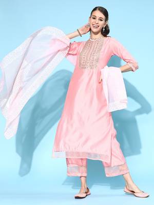 Indo Era Pink Embroidered Straight Kurta Palazzo With Dupatta Set 1