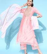 Indo Era Pink Embroidered Straight Kurta Palazzo With Dupatta Set