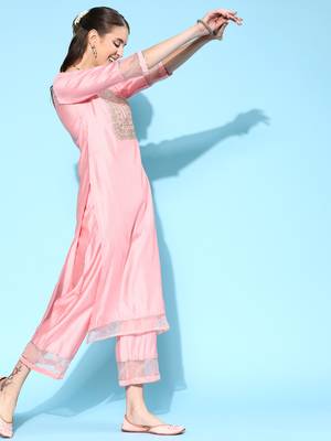 Indo Era Pink Embroidered Straight Kurta Palazzo With Dupatta Set 3