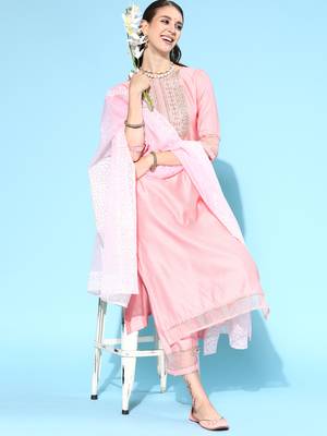 Indo Era Pink Embroidered Straight Kurta Palazzo With Dupatta Set 4