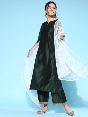 Indo Era Green Solid Straight Kurta Palazzo With Dupatta Set 1