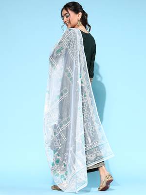 Indo Era Green Solid Straight Kurta Palazzo With Dupatta Set 2