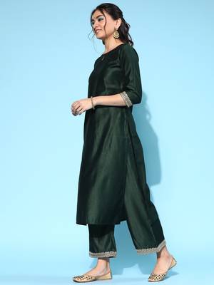 Indo Era Green Solid Straight Kurta Palazzo With Dupatta Set 3