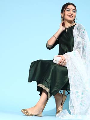 Indo Era Green Solid Straight Kurta Palazzo With Dupatta Set 4