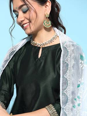 Indo Era Green Solid Straight Kurta Palazzo With Dupatta Set 5