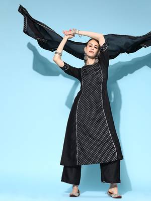 Indo Era Black Printed A-Line Kurta Trouser with Dupatta set 1