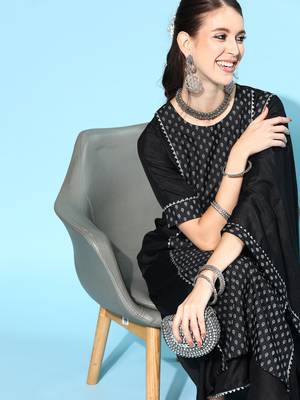 Indo Era Black Printed A-Line Kurta Trouser with Dupatta set 4