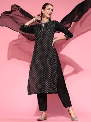 Indo Era Black Printed Straight Kurta Palazzo with Dupatta Set 1