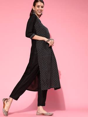 Indo Era Black Printed Straight Kurta Palazzo with Dupatta Set 3