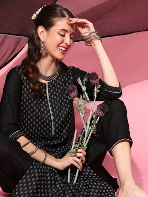 Indo Era Black Printed Straight Kurta Palazzo with Dupatta Set 4