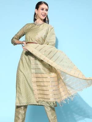 Indo Era Sea Green  Printed Straight Kurta Trouser with Dupatta set 1