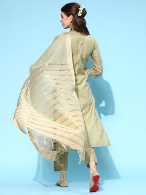 Indo Era Sea Green  Printed Straight Kurta Trouser with Dupatta set 2