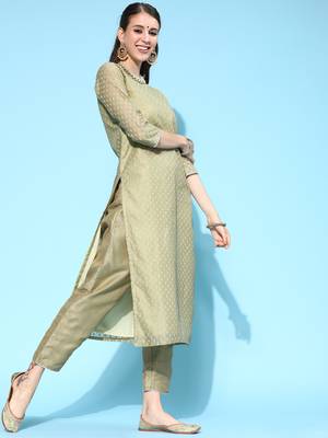 Indo Era Sea Green  Printed Straight Kurta Trouser with Dupatta set 3