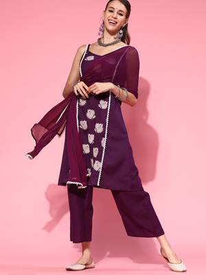 Indo Era Purple Printed A-Line Kurta Palazzo with Dupatta set 1