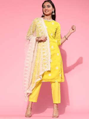 Indo Era Olive Embroidered Straight Kurta Trouser With Dupatta Set 1