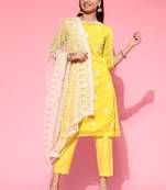 Indo Era Olive Embroidered Straight Kurta Trouser With Dupatta Set