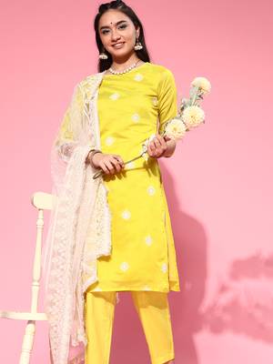 Indo Era Olive Embroidered Straight Kurta Trouser With Dupatta Set 4