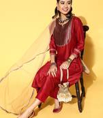 Indo Era Red Floral printed Kurta Trouser With Hand Made Dupatta Set