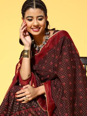 Indo Era Brown Printed A-Line Kurta Trouser With Dupatta Set 2