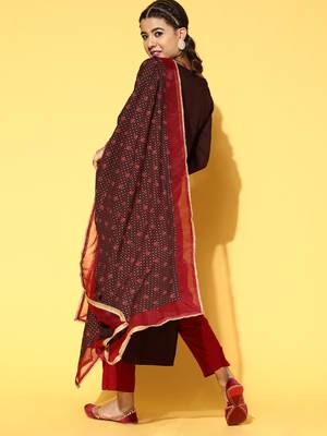 Indo Era Brown Printed A-Line Kurta Trouser With Dupatta Set 3