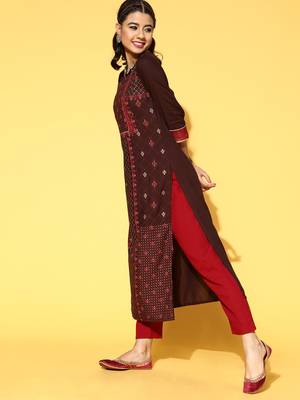 Indo Era Brown Printed A-Line Kurta Trouser With Dupatta Set 4